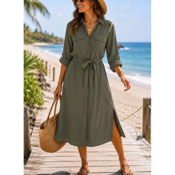 Esmara Dresses & Skirts - Esmara Shirt Dress Olive Green Button Front Tie Waist Long Sleeve NWT US 10